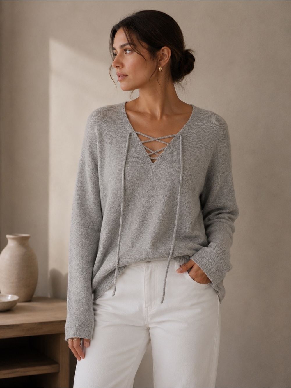 Joie Heather Grey Larken Cashmere + Wool Blend Drawstring Sweater Small